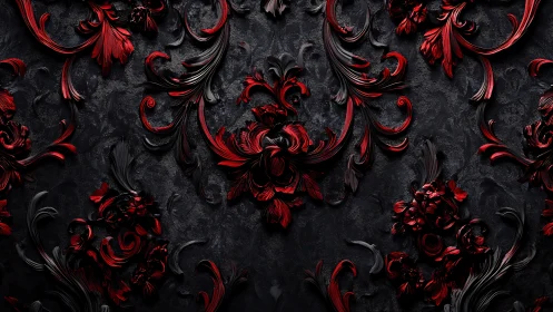 Baroque crimson flourishes etched in shadowed noir relief.