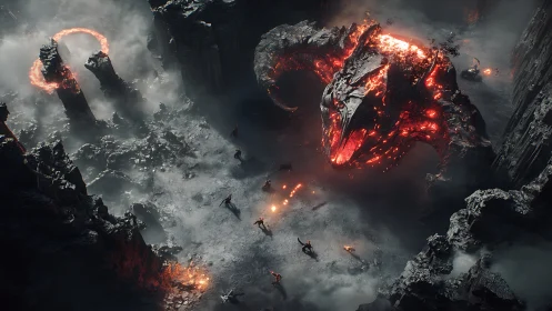 Molten dragon erupts within shattered volcanic abyss.