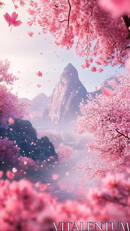 Cherry blossom valley frames solitary peak above misty river