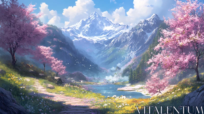 Spring valley lake below towering snowcapped mountain peak.