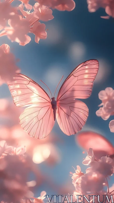 Translucent pink butterfly hovers among dreamy blossoms.