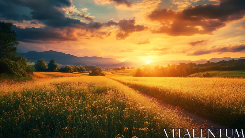 Golden country fields glow under a dramatic summer sunset sky