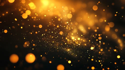 Golden bokeh light particles on dark abstract background.