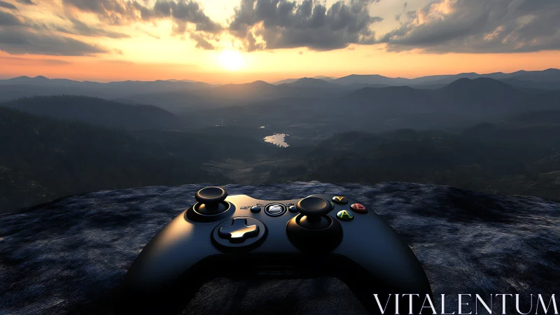 Game controller lies on rocky ledge above digital valley at dusk