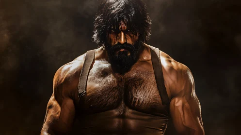 Muscular male figure with harness in low key lighting.