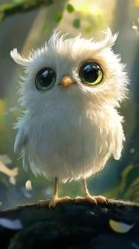 White fledgling owl with oversized eyes on sunlit forest perch