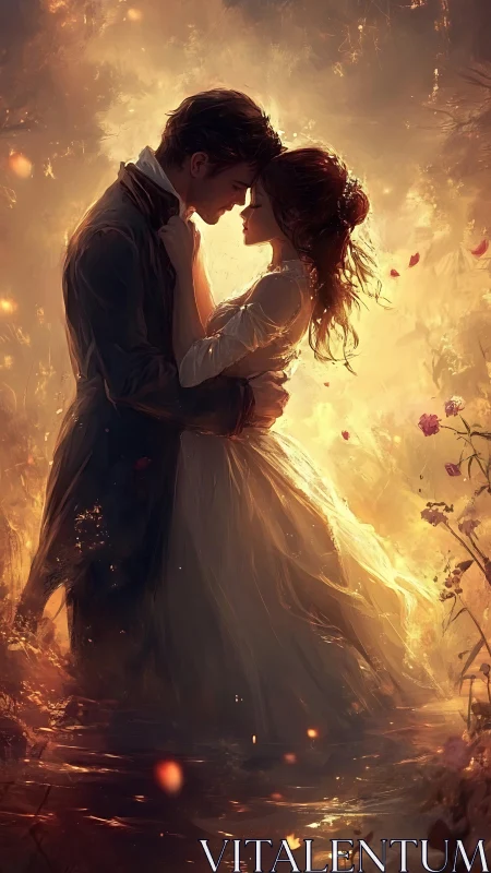 Romantic Couple Embracing in Golden Luminescent Atmosphere with Flowing Fabric