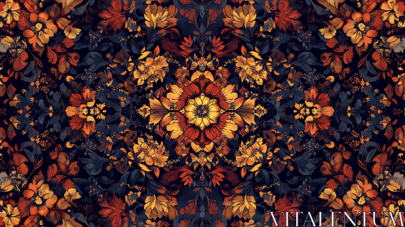 Radial autumnal floral tessellation with high-contrast symmetry.