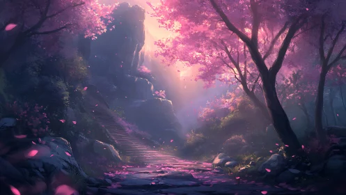 Digital painting of luminous cherry grove and stone ascent.