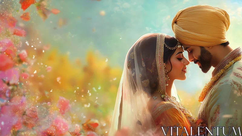 Romantic Indian wedding couple in vibrant floral embrace.