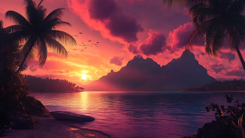 Tropical lagoon sunset renders saturated atmospheric depth