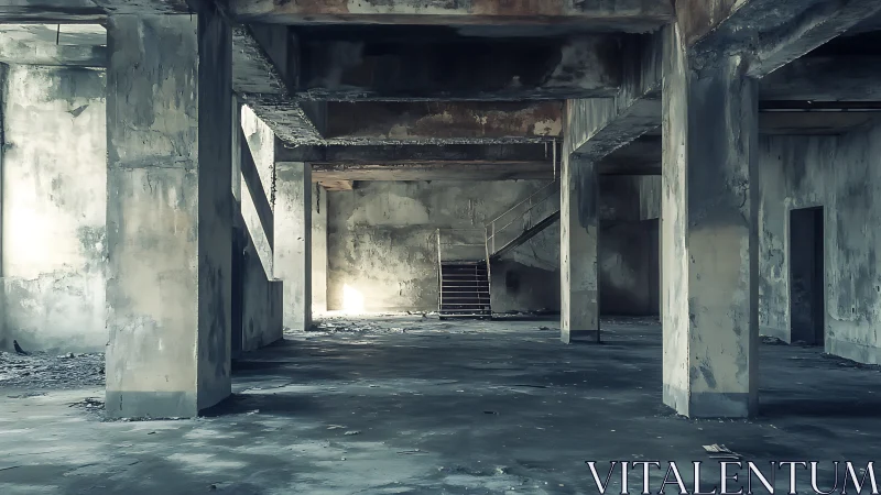 Silent concrete cathedral of an abandoned industrial hall.