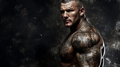 Photorealistic profile of tattooed male bodybuilder portrait.