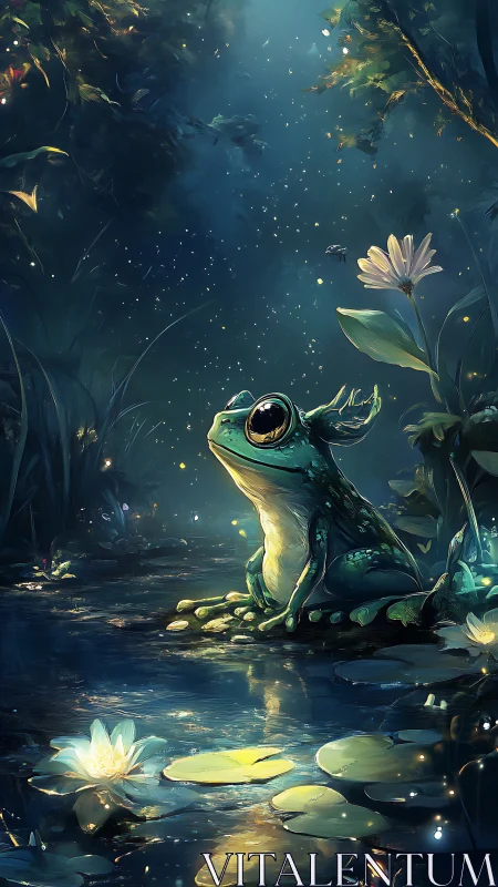 Moonlit frog philosopher listens to firefly constellations