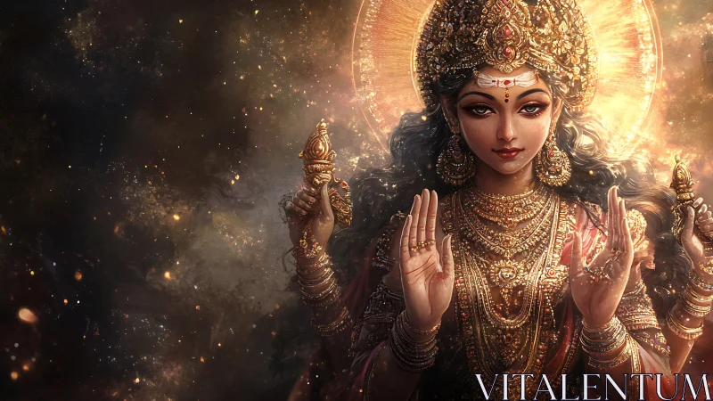 Radiant goddess figure offers calm blessing in golden light