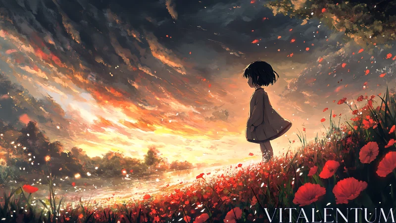 Solitary child silhouetted against blazing river sunset sky