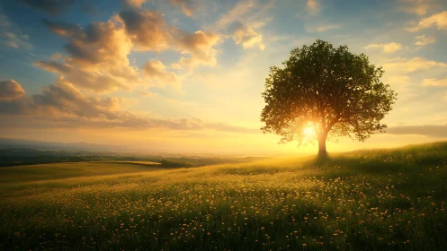 Solitary tree on grassy hillside with low sun and clouds.