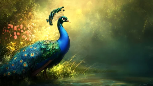 Peacock stands beside reflective pond in luminous forest