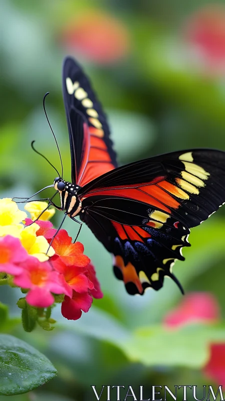 Butterfly rests on red and yellow flowers in sharp close-up