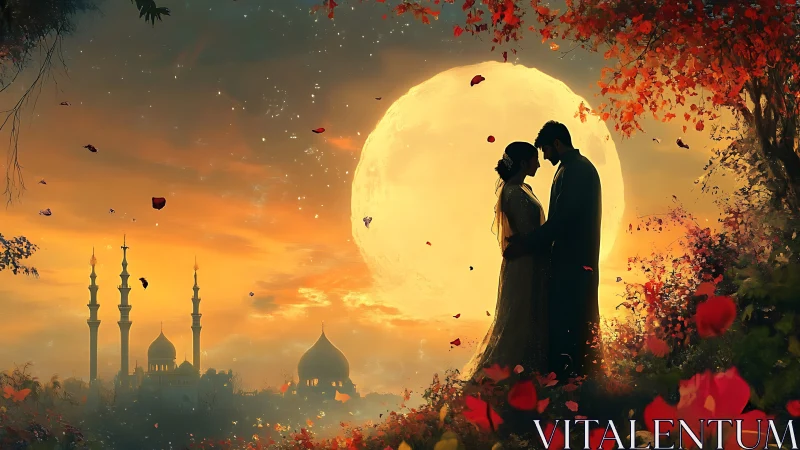 Silhouetted lovers beneath oversized moon in exotic architectural landscape