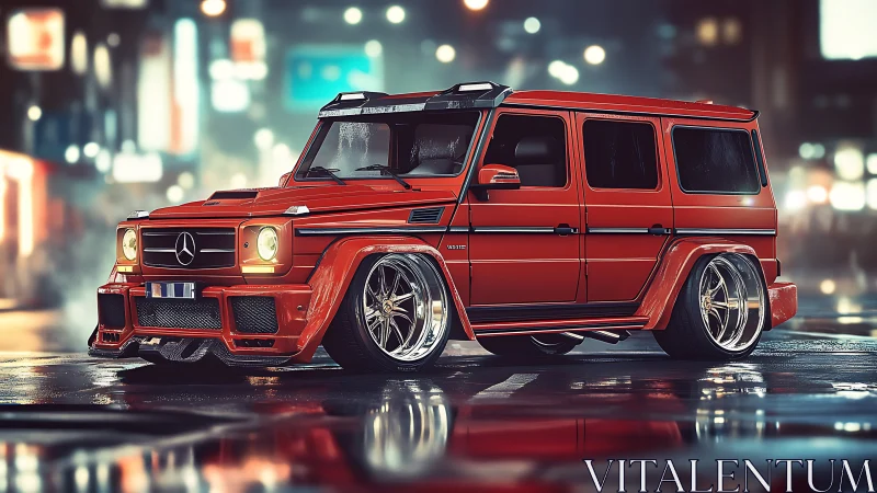 Modified red SUV in wet urban street at night scene.