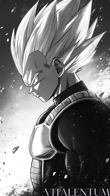 Spiky haired anime warrior stands in profile under debris