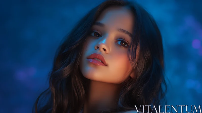 Digital portrait of young woman in soft blue lighting.