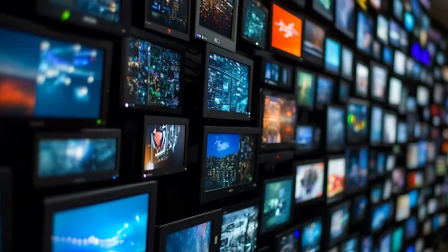 Curved video wall displays dense mosaic of glowing screens