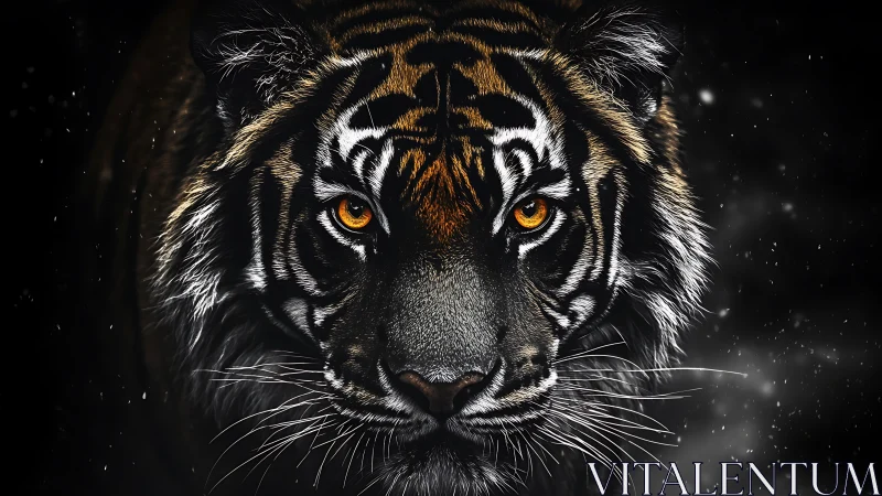 Tiger portrait with intense gaze against dark background.