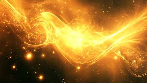 Golden Light Energy Waves. Abstract burst of luminous particles cascading through darkness.