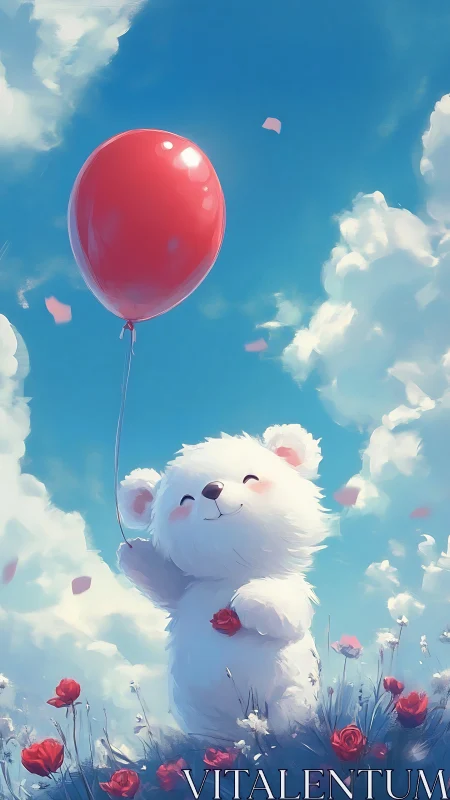 White cartoon bear holding red balloon in flower field.