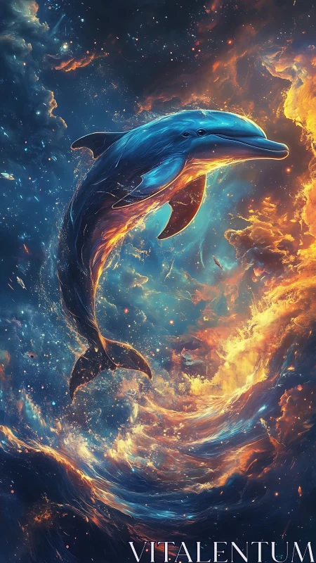 Celestial dolphin arcs through luminous cosmic nebula seascape.