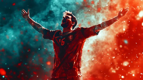 Roaring football victor ignites a storm of red and teal light