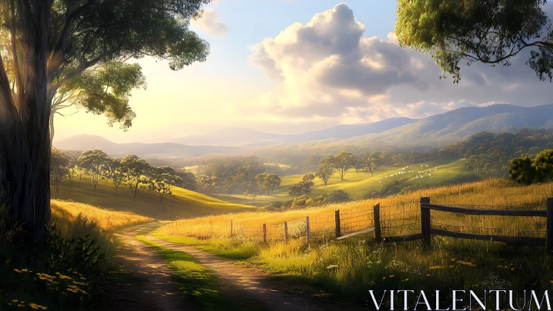 Pastoral valley road under golden evening backlight glow.
