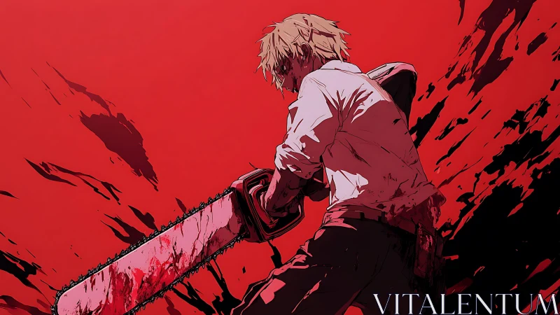 Blood-soaked chainsaw fighter stands defiant in crimson fury