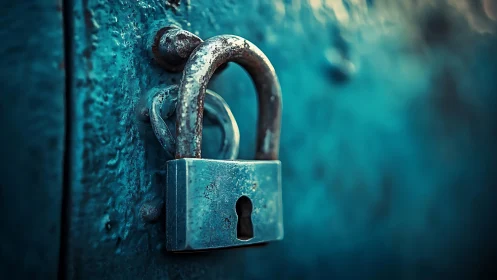Weathered steel padlock on textured teal metal door surface.