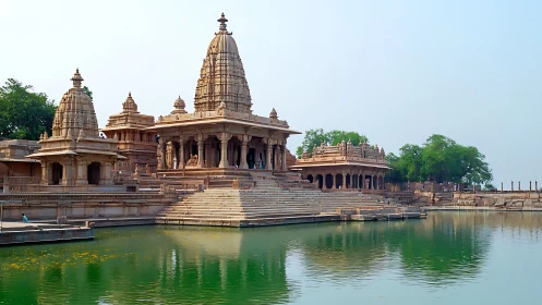 Intricate stone temple complex mirrored in tranquil pond.