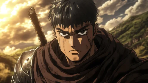 Anime warrior close-up with dramatic sunset backlighting.