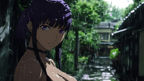 Purple haired anime woman in rainy alleyway scene.