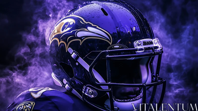 Photorealistic close-up of football helmet in purple smoke.