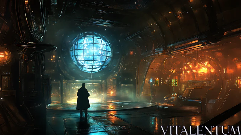 Silhouette stands in industrial control room facing blue orb