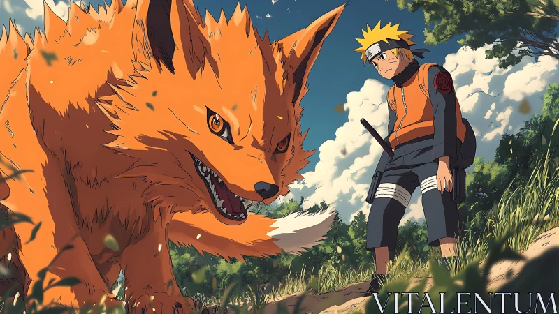 Orange fox-like beast confronts blond ninja in a forest clearing