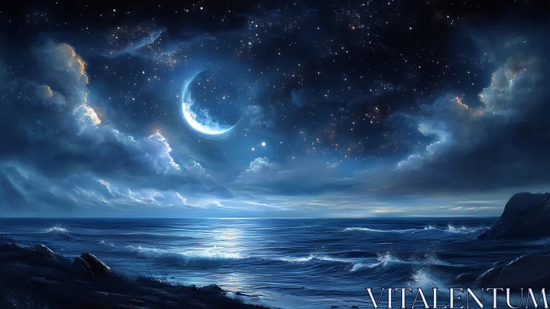 Moonlit ocean dreams glow gently beneath a jeweled sky