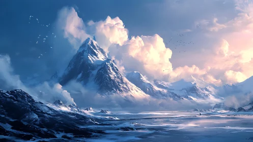 Sunlit alpine peak rises above tranquil frozen valley