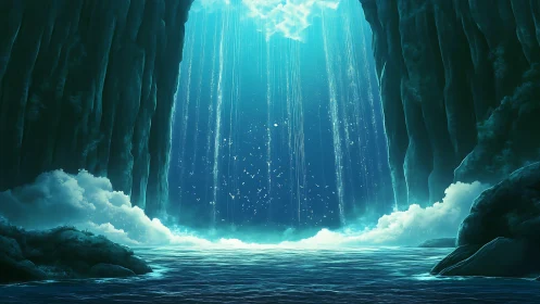 Mystical ocean cavern opens to a glowing waterfall of light
