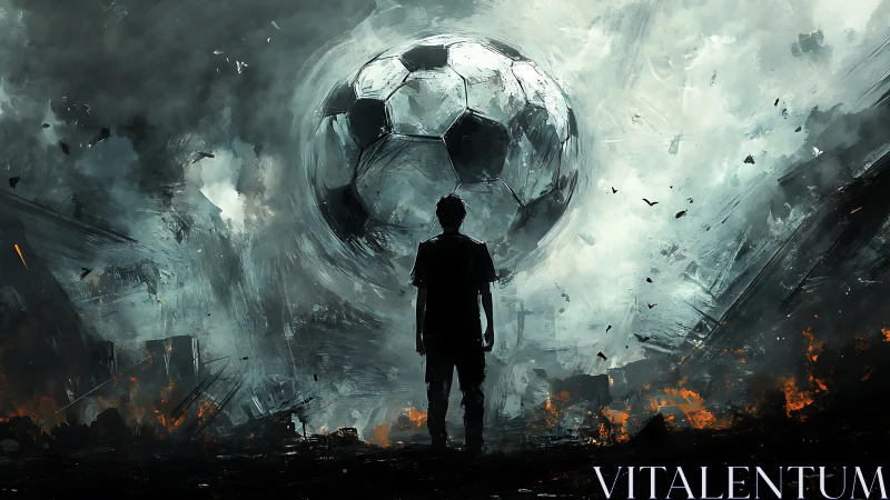 Silhouette faces giant soccer ball amid smoky, burning field