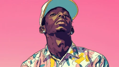 Stylized portrait of young man in patterned shirt and cap