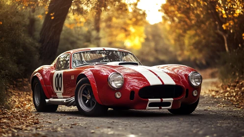 Red vintage race car glowing on a peaceful autumn road.