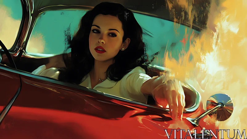 Cinematic digital portrait of woman driving vintage red car