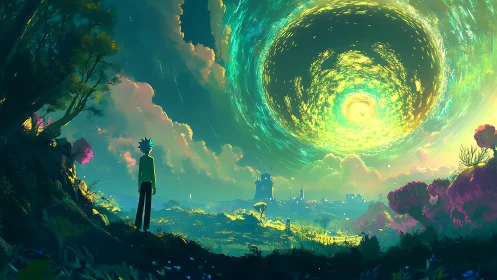 Portal-swept sky over lone wanderer in neon valley.